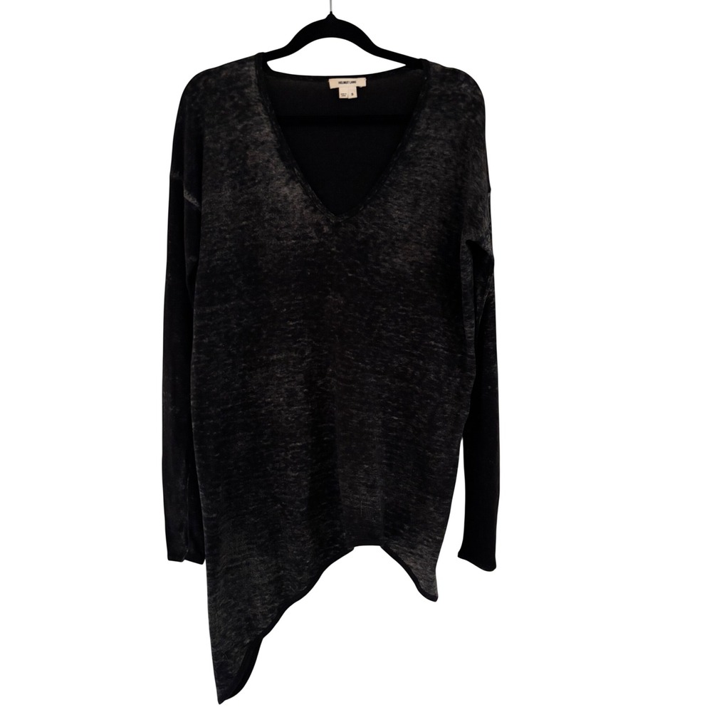 Helmut Lang Black Cotton Cashmere Asymmetrical V-Neck Long Sleeve Top S